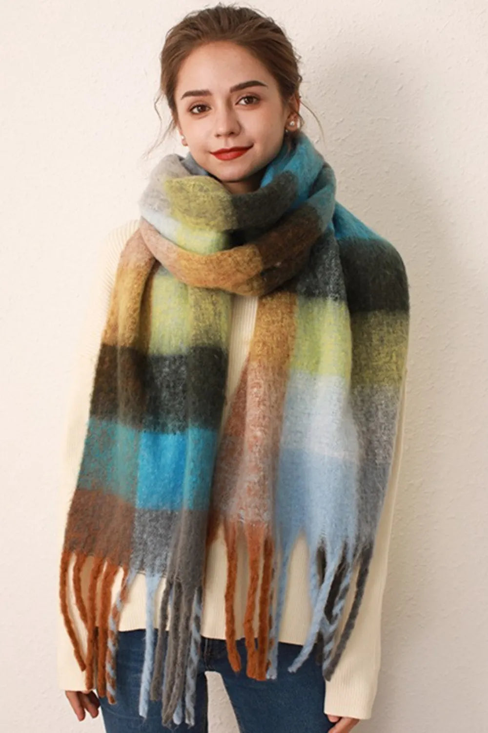 Thermal Fringe Contrast Plaid Scarf - Free Delivery