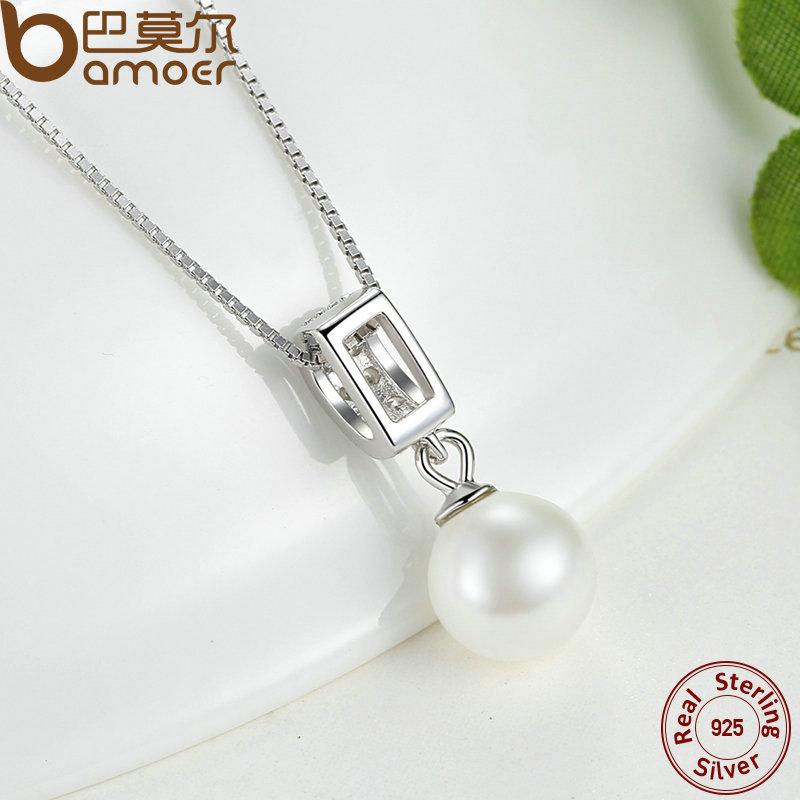 BAMOER 925 Sterling Silver Simulated Pearl Pendant Long Chain Necklace SCN030– Free Delivery
