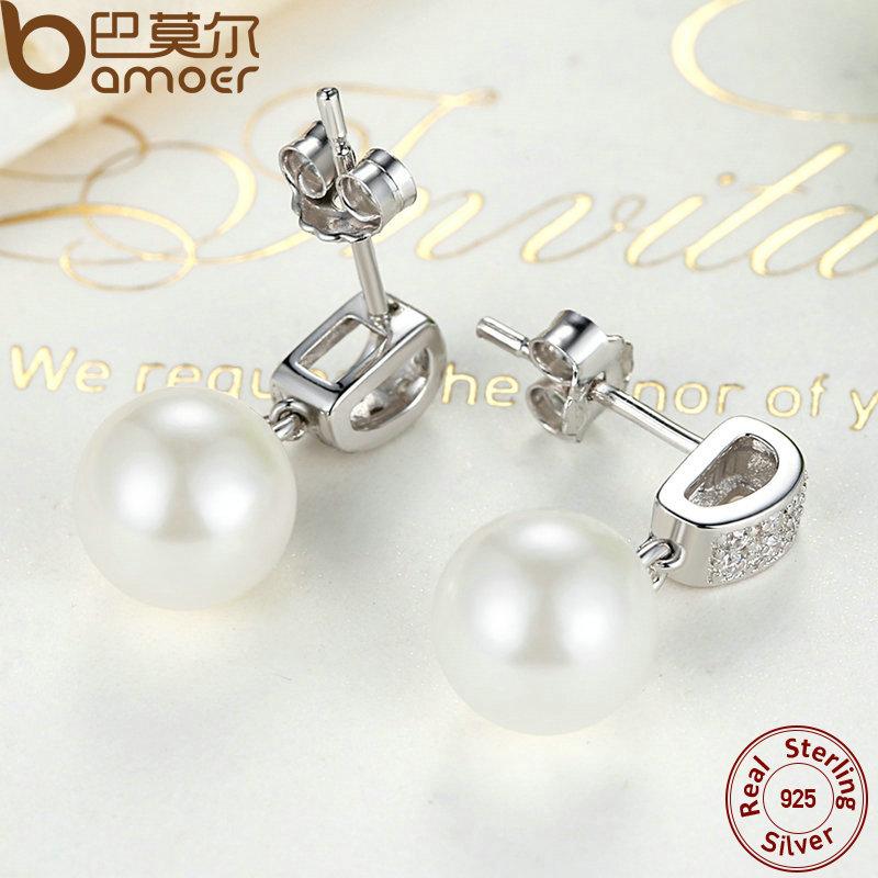 BAMOER  925 Sterling Silver Drop Earrings with Simulated Pearls SCE006 - Free Delivery