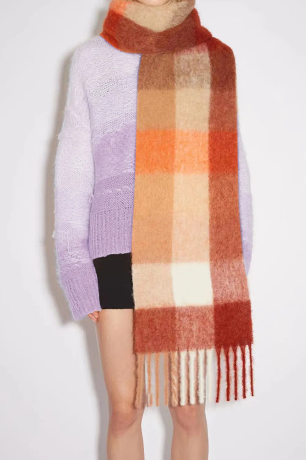 Thermal Fringe Contrast Plaid Scarf - Free Delivery
