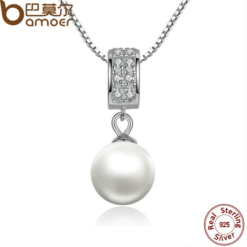 BAMOER 925 Sterling Silver Simulated Pearl Pendant Long Chain Necklace SCN030– Free Delivery