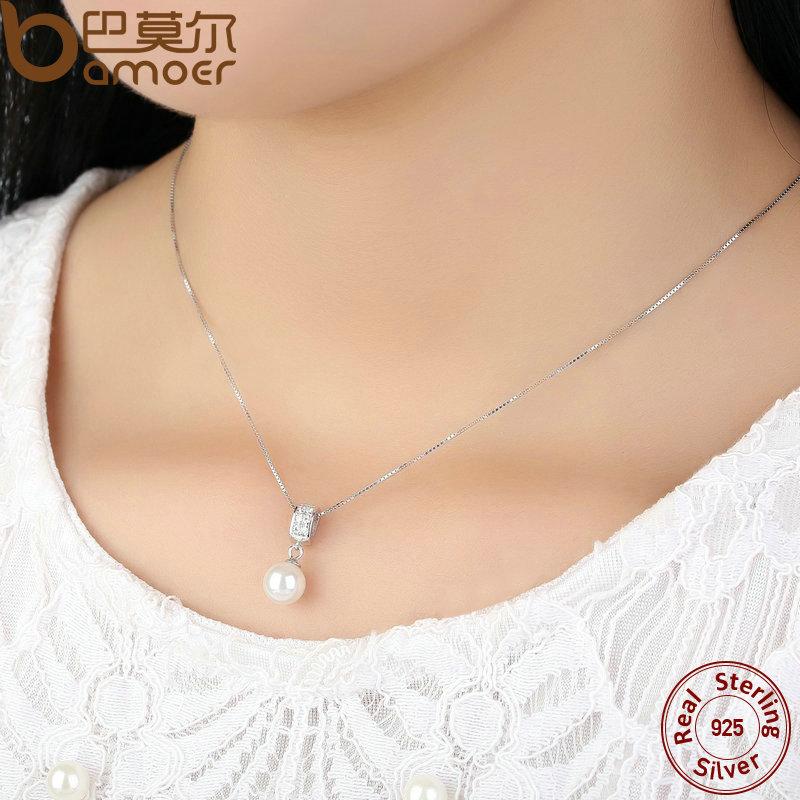 BAMOER 925 Sterling Silver Simulated Pearl Pendant Long Chain Necklace SCN030– Free Delivery
