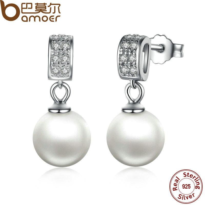 BAMOER  925 Sterling Silver Drop Earrings with Simulated Pearls SCE006 - Free Delivery