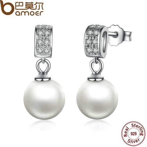 BAMOER  925 Sterling Silver Drop Earrings with Simulated Pearls SCE006 - Free Delivery