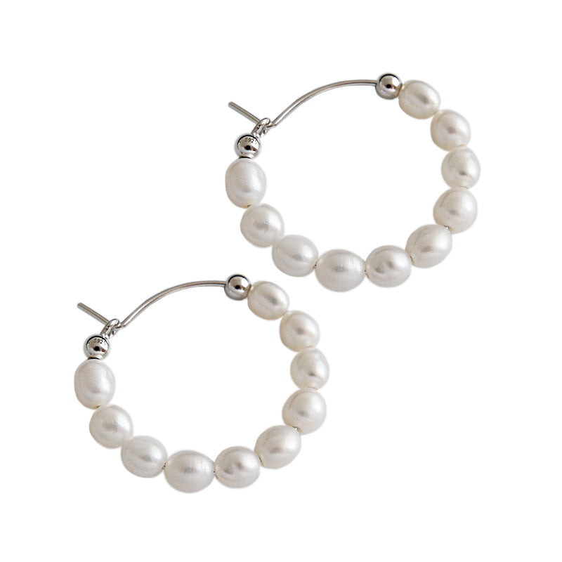 Elegant Natural Pearls Silver Hoop Earrings 925 Sterling  - Free Delivery