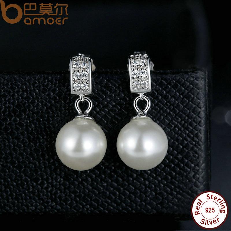 BAMOER  925 Sterling Silver Drop Earrings with Simulated Pearls SCE006 - Free Delivery