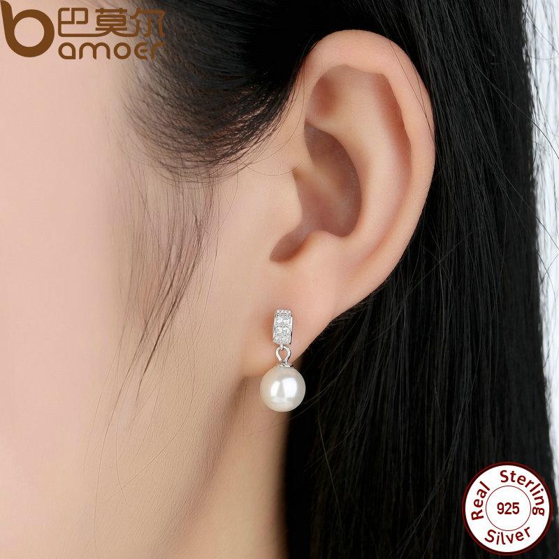 BAMOER  925 Sterling Silver Drop Earrings with Simulated Pearls SCE006 - Free Delivery