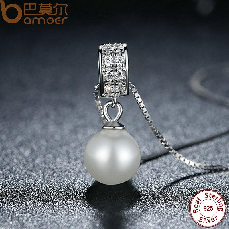 BAMOER 925 Sterling Silver Simulated Pearl Pendant Long Chain Necklace SCN030– Free Delivery