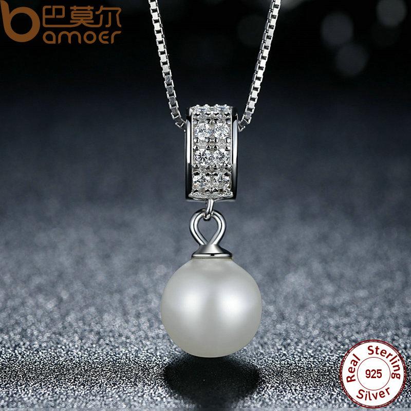 BAMOER 925 Sterling Silver Simulated Pearl Pendant Long Chain Necklace SCN030– Free Delivery