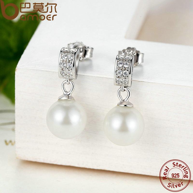 BAMOER  925 Sterling Silver Drop Earrings with Simulated Pearls SCE006 - Free Delivery