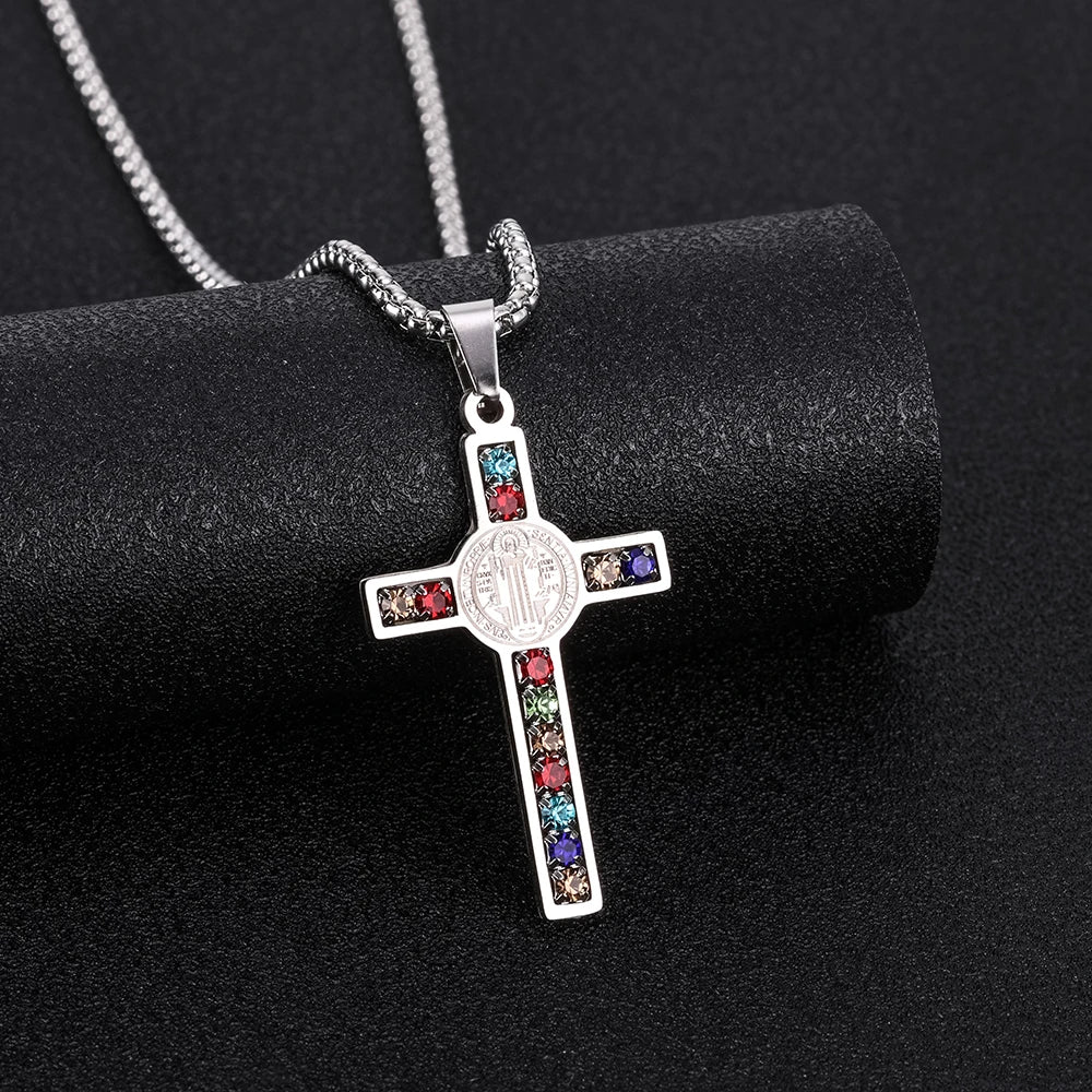 Men’s Stainless Steel Cross Necklace With Saint Benedict Pendant – Free Delivery
