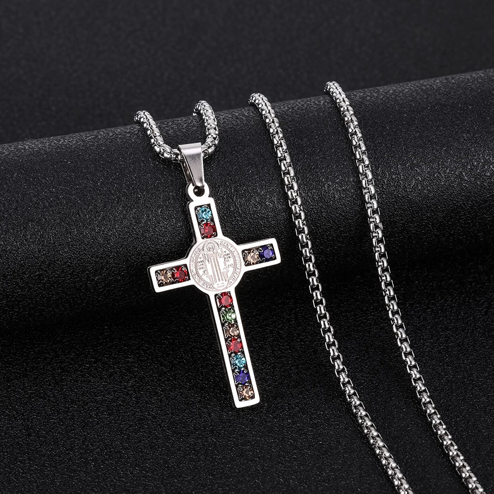 Men’s Stainless Steel Cross Necklace With Saint Benedict Pendant – Free Delivery