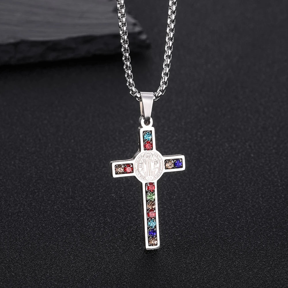 Men’s Stainless Steel Cross Necklace With Saint Benedict Pendant – Free Delivery