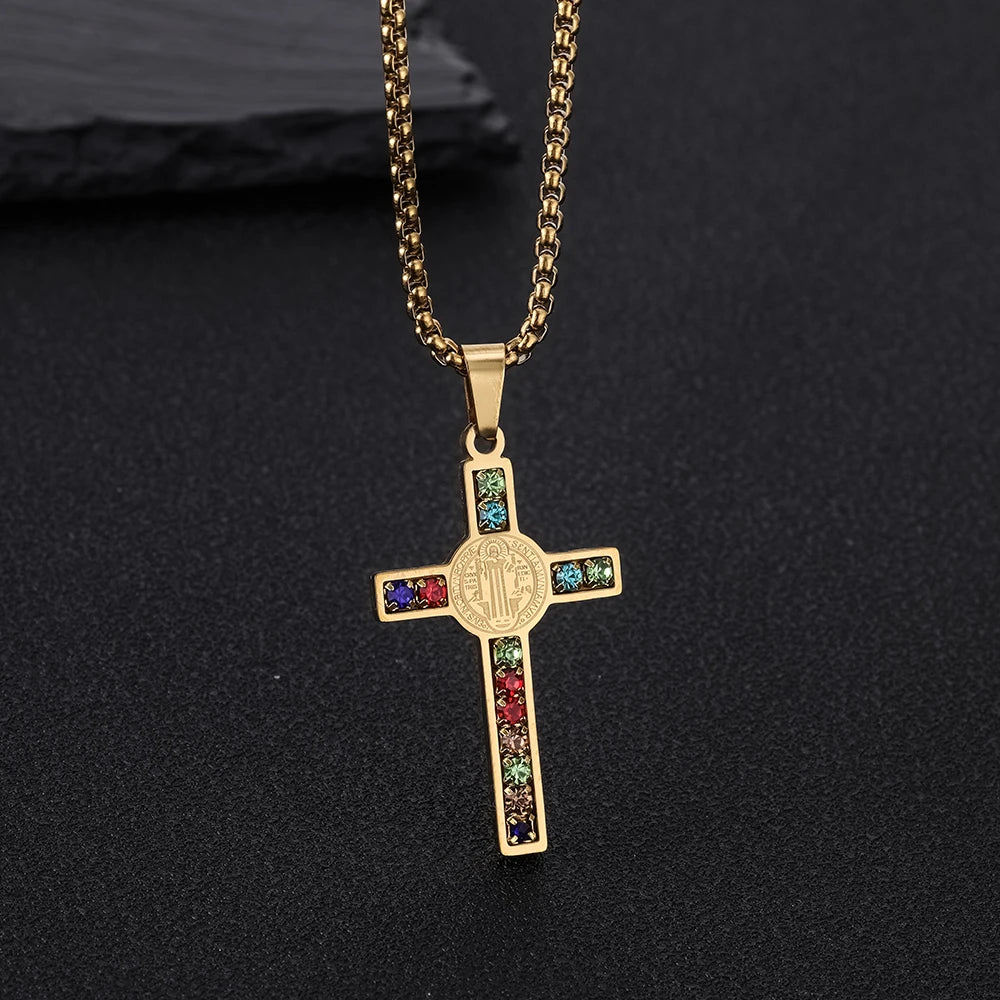Men’s Stainless Steel Cross Necklace With Saint Benedict Pendant – Free Delivery
