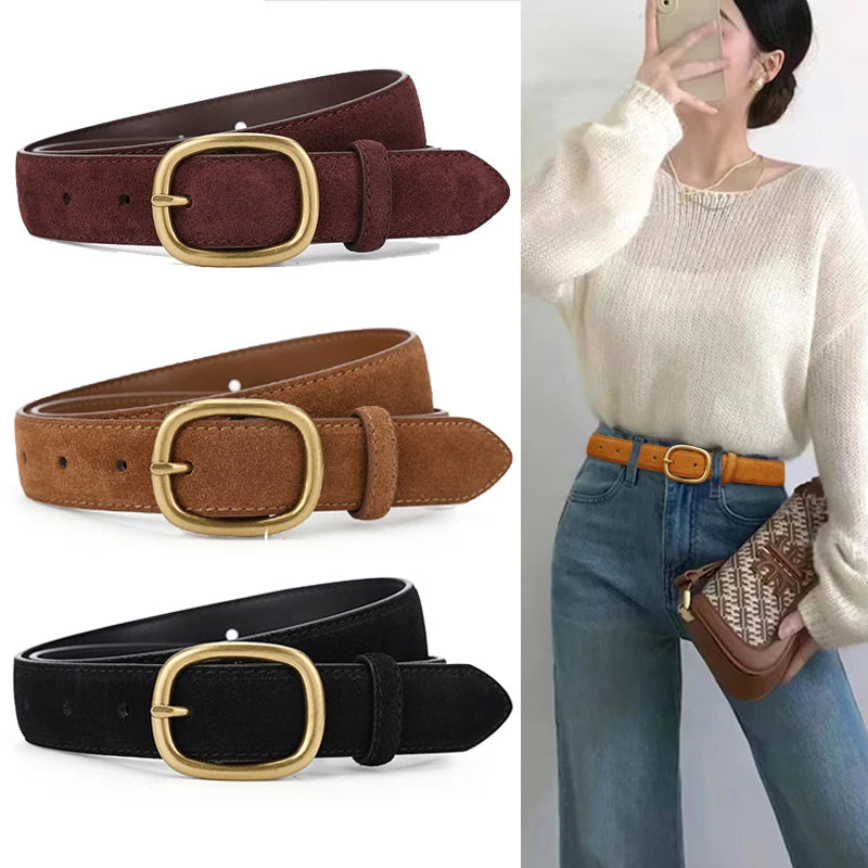 Women's Vintage Style Suede/Leather Waist Belt With Gold Buckle – Free Delivery