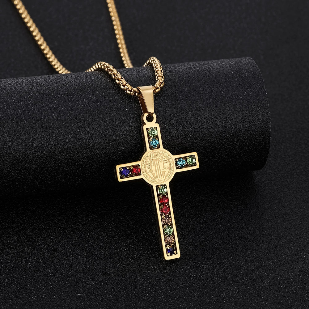 Men’s Stainless Steel Cross Necklace With Saint Benedict Pendant – Free Delivery
