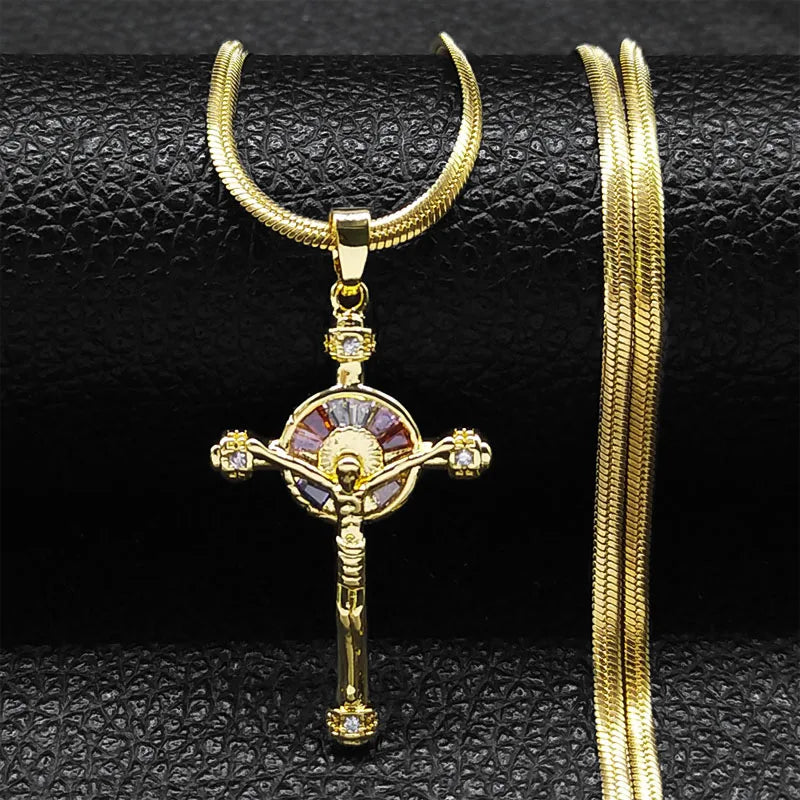 Vintage Shiny Zircon Jesus Cross & Snake Chain – Free Delivery