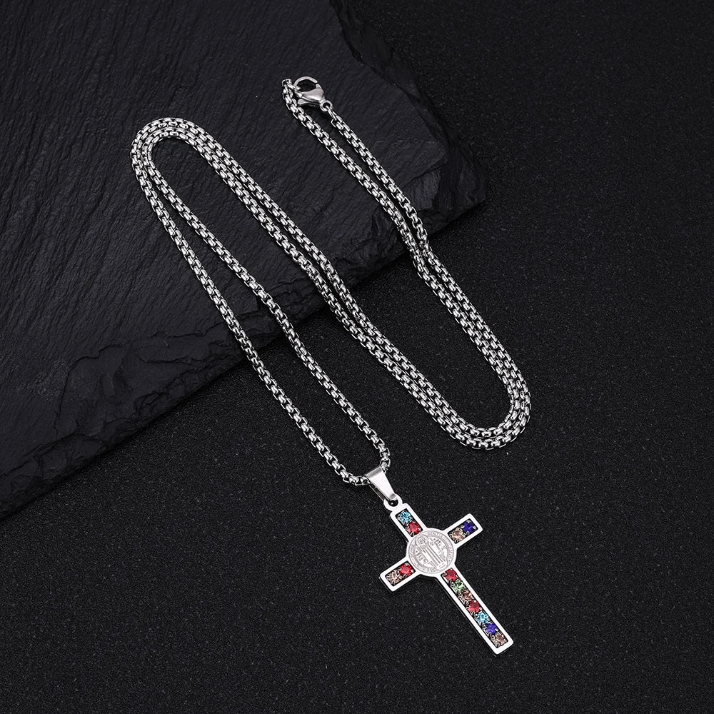Men’s Stainless Steel Cross Necklace With Saint Benedict Pendant – Free Delivery