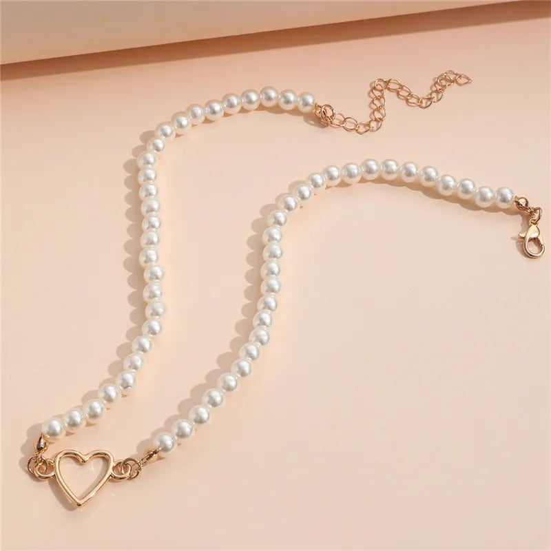 Elegant Faux Pearl Love Heart  Choker Necklace - Free Delivery