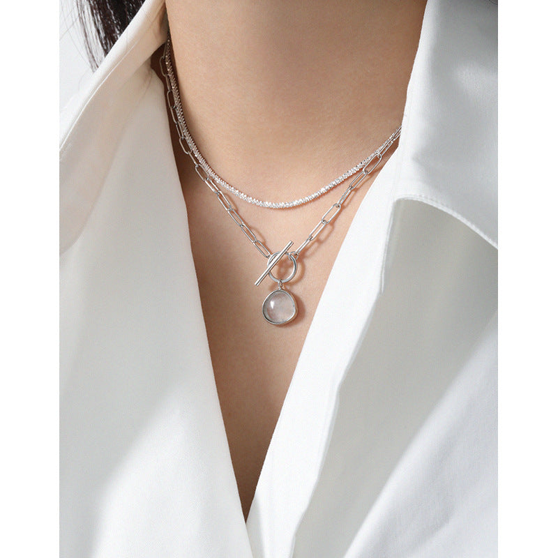 Round Natural Crystal OT Hollow Chain 925 Sterling Silver Necklace - Free Delivery