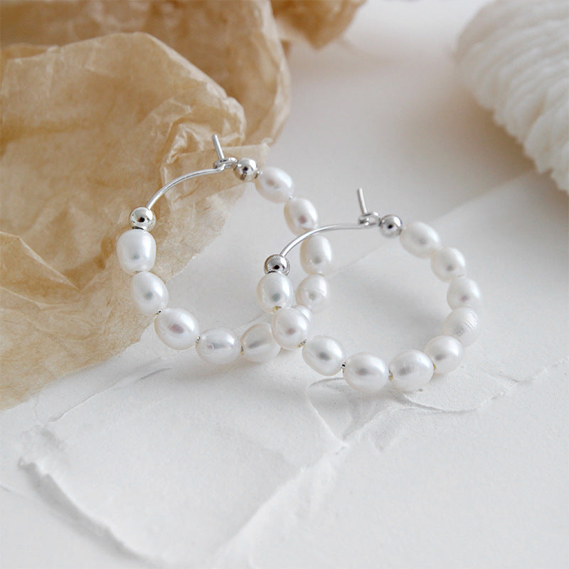 Elegant Natural Pearls Silver Hoop Earrings 925 Sterling  - Free Delivery