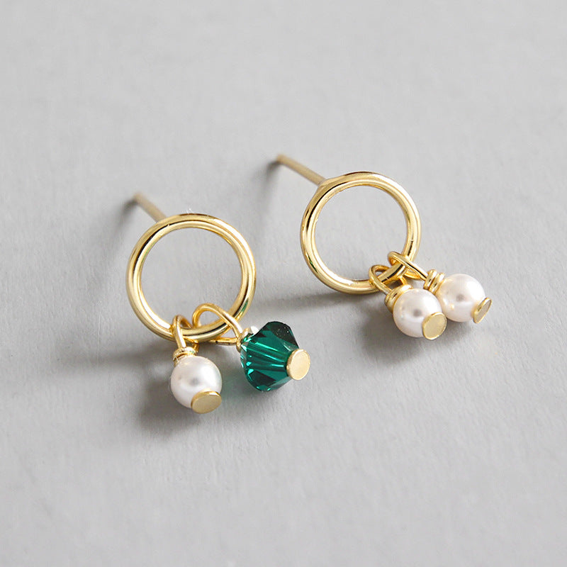 Asymmetry Shell Pearls Green CZ 925 Sterling Silver Earrings - Free Delivery