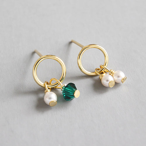 Asymmetry Shell Pearls Green CZ 925 Sterling Silver Earrings - Free Delivery