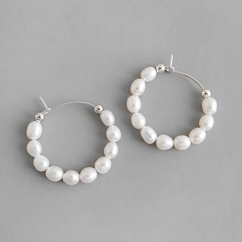 Elegant Natural Pearls Silver Hoop Earrings 925 Sterling  - Free Delivery